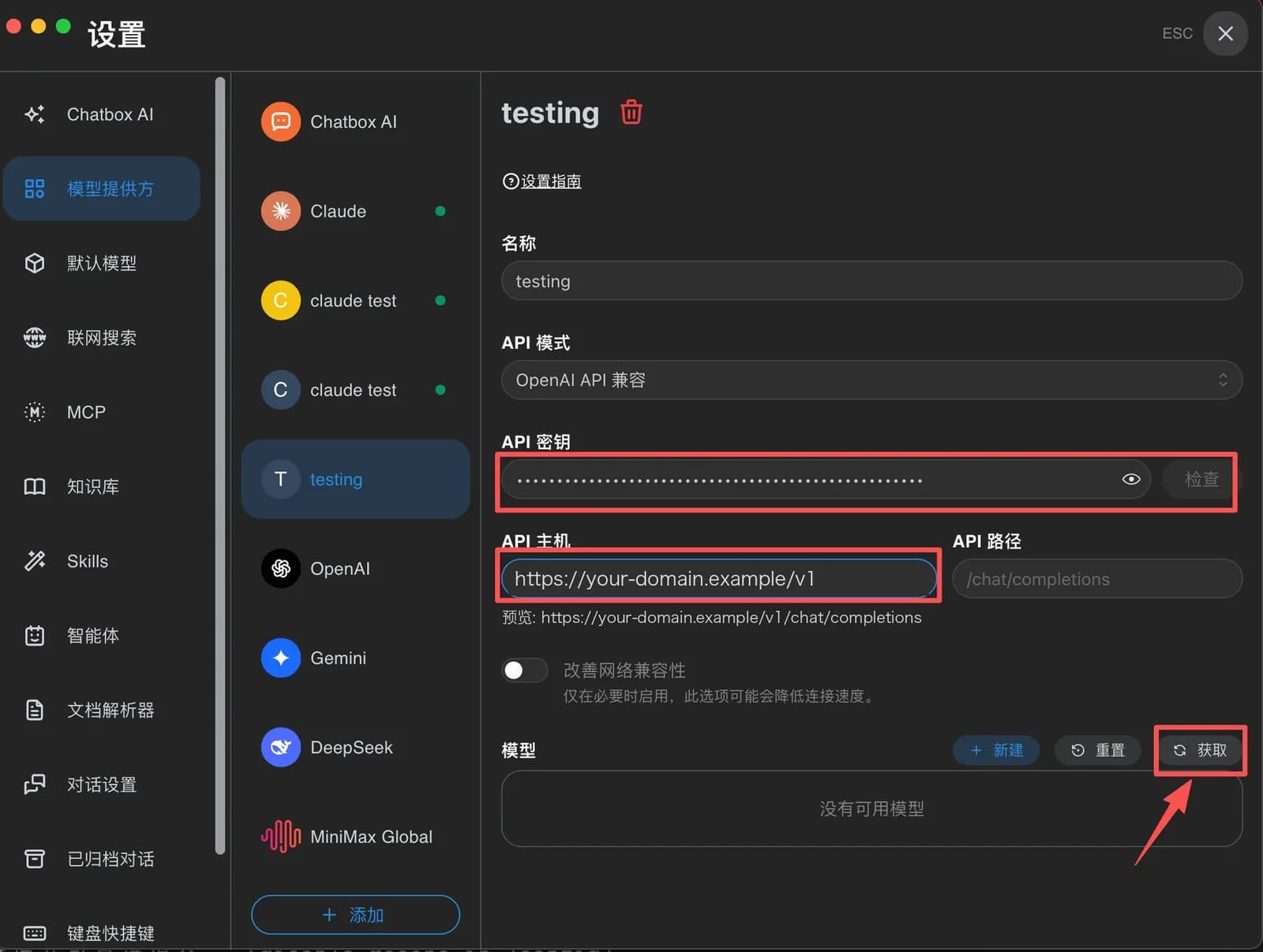 配置页，API 密钥和 API 主机字段已填写，"获取"按钮有箭头标注