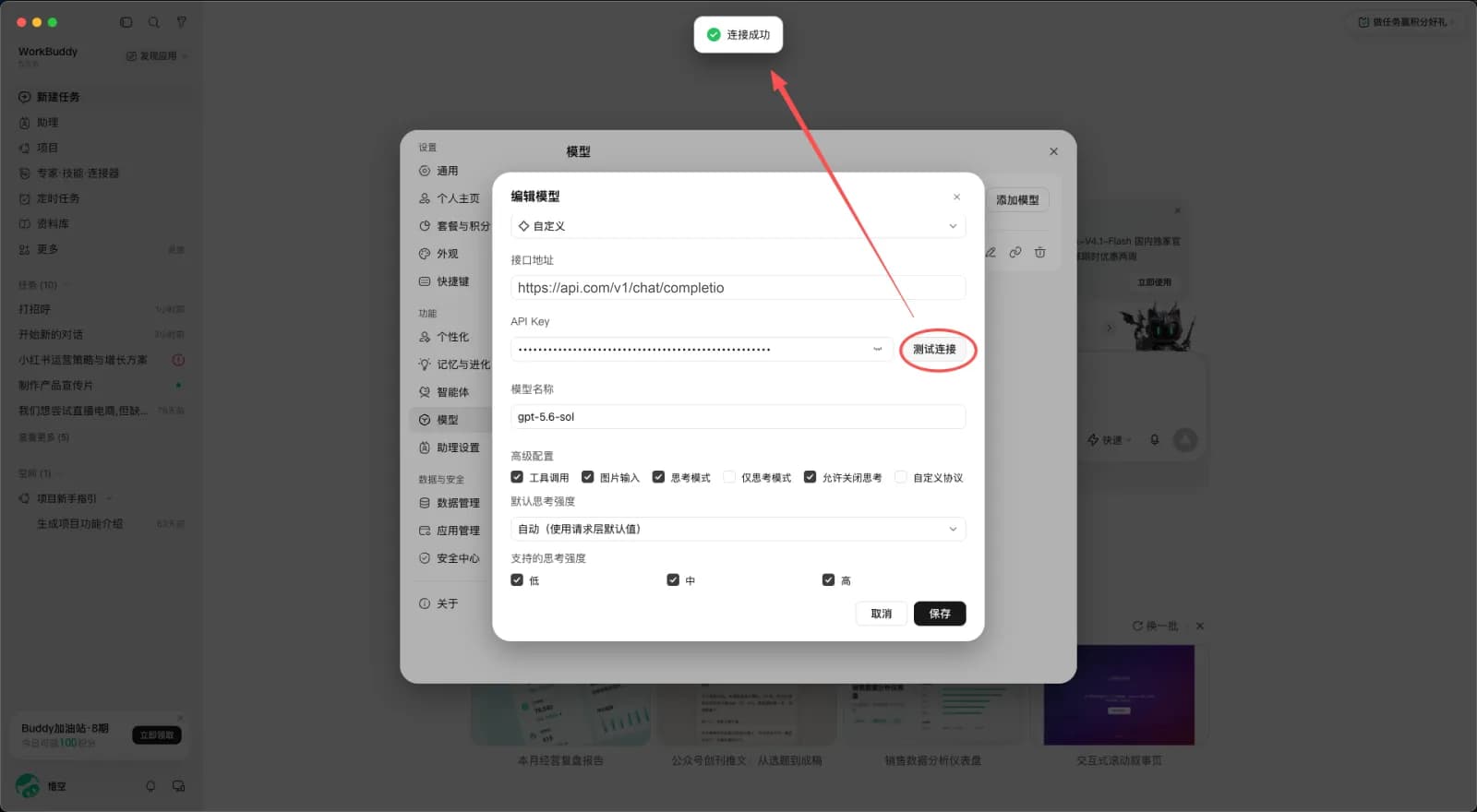 WorkBuddy 的编辑模型弹窗，红圈标出 API Key 右侧的「测试连接」按钮，箭头指向窗口顶部弹出的绿色「连接成功」提示